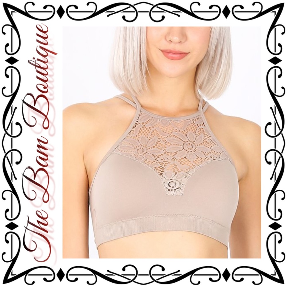 Plus Ash Mocha Lace-Accent High-Neck Bralette…